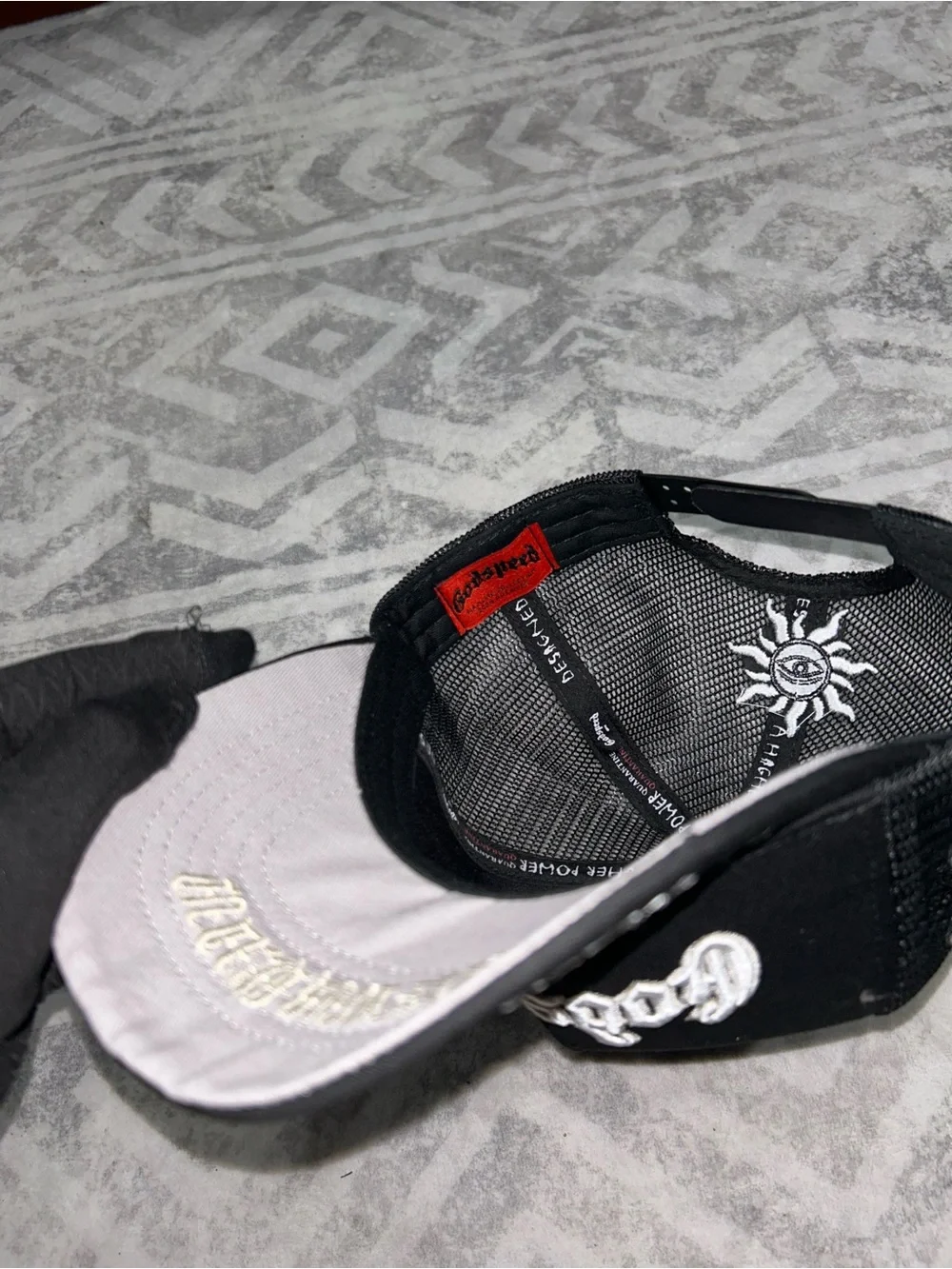Black 'Godspeed' Trucker Hat with White Embroidery